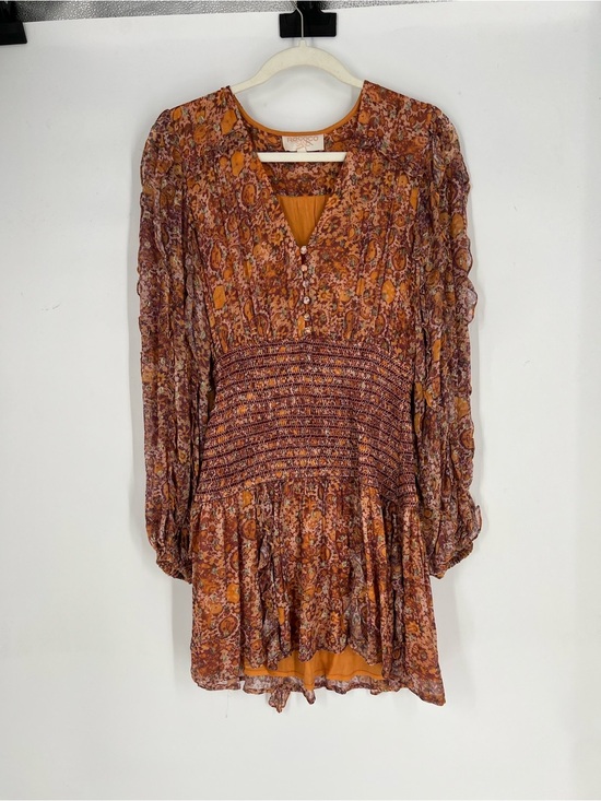 Rococo Sand Dresses & Skirts - Rococo Sand Rust Gold Paisley V Neck Drop Waist Long Sleeve Chiffon Mini Dress S